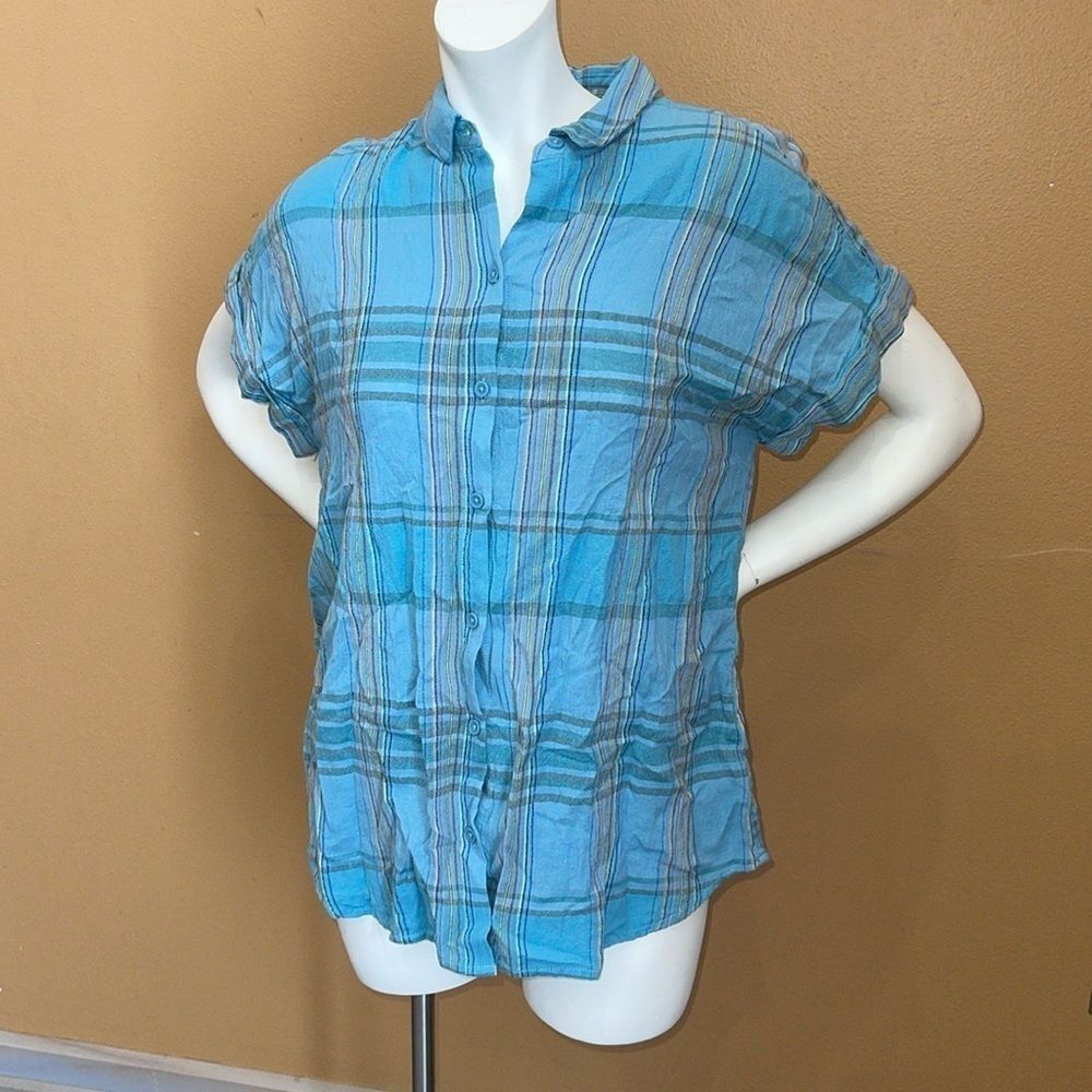 Beachlunchlounge Women Blue Teal Striped Cotton Button Down Short Sleeve Top L